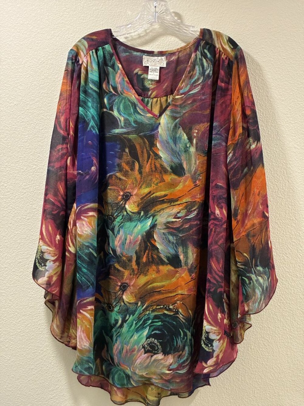 J. VALDI  V-Neck Poncho Tunic Sheer Art to Wear Abstract Floral Burgundy Women L